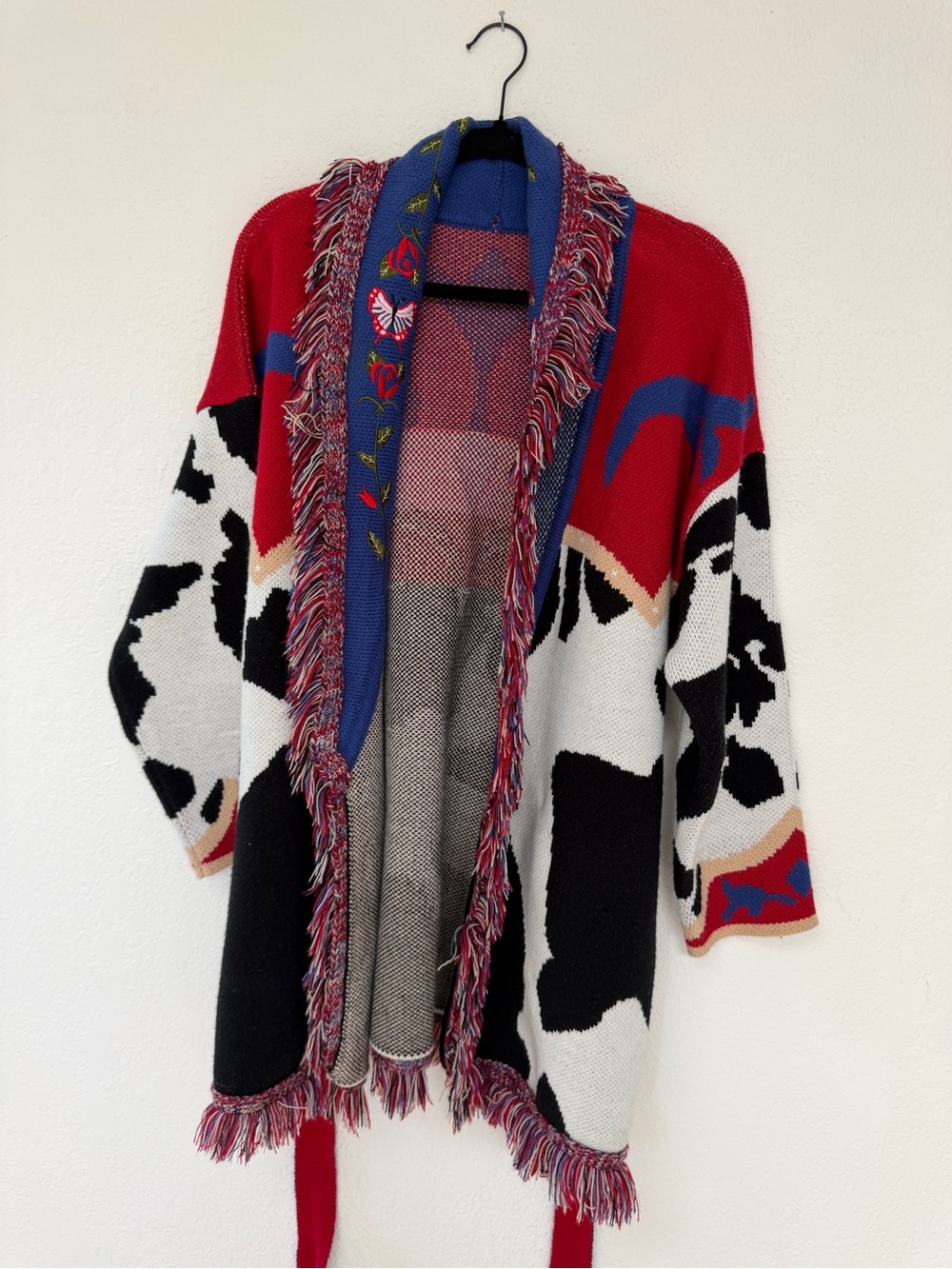 FRINGED cow print colorful oversized fringed belted cardigan sweater / S - Picture 11 of 12